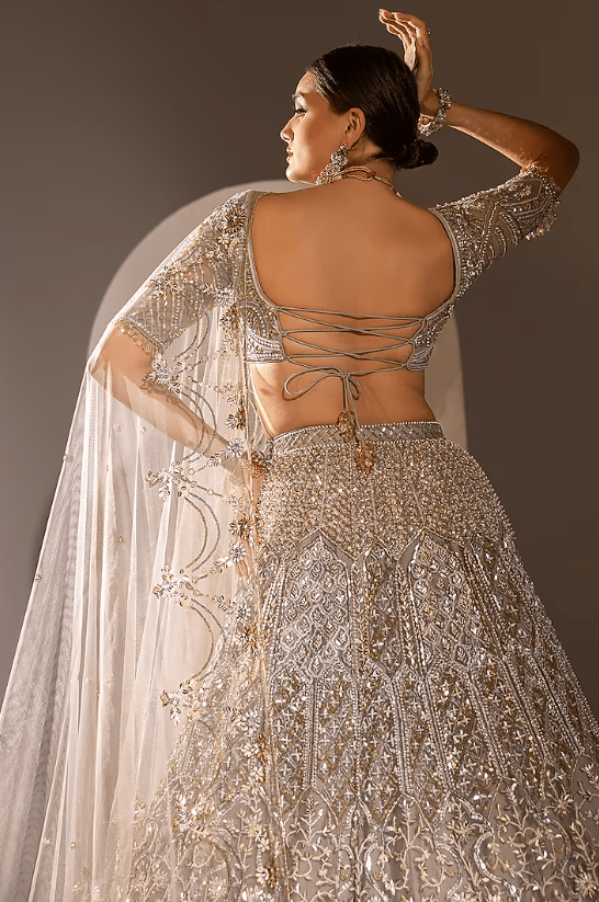 Grey Net Crystal & Pearl Work Lehenga Set - Image 3
