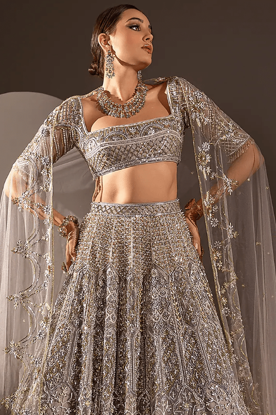 Grey Net Crystal & Pearl Work Lehenga Set - Image 4