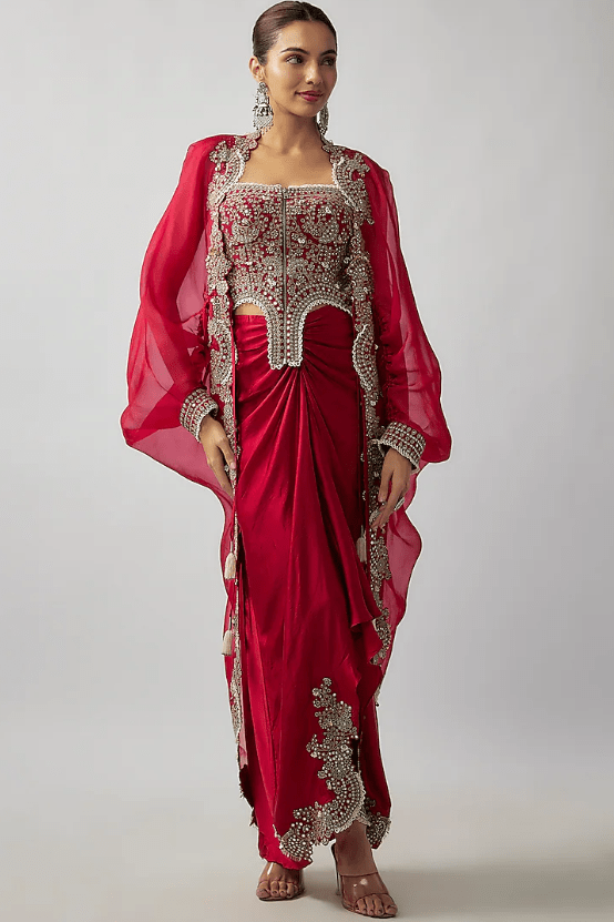 Burgundy Organza Hand-Dyed Cape Set