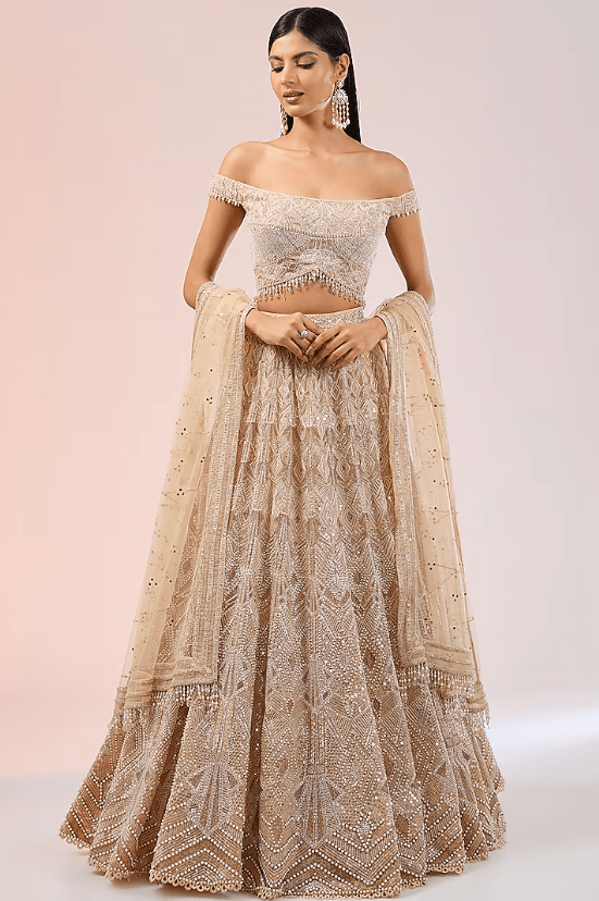 Old Rose Tulle Pearl & Sequins Embroidered Lehenga Set