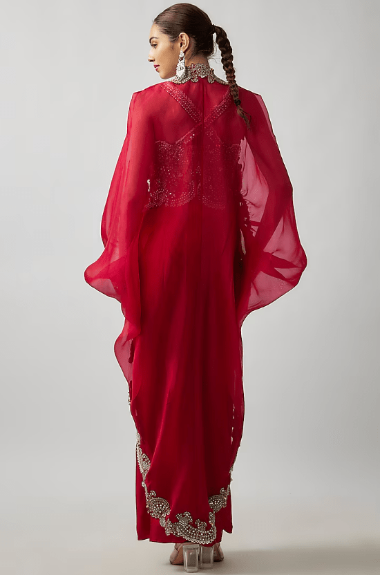 Burgundy Organza Hand-Dyed Cape Set - Image 2
