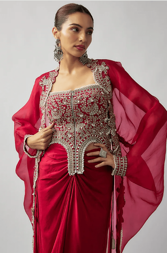 Burgundy Organza Hand-Dyed Cape Set - Image 3