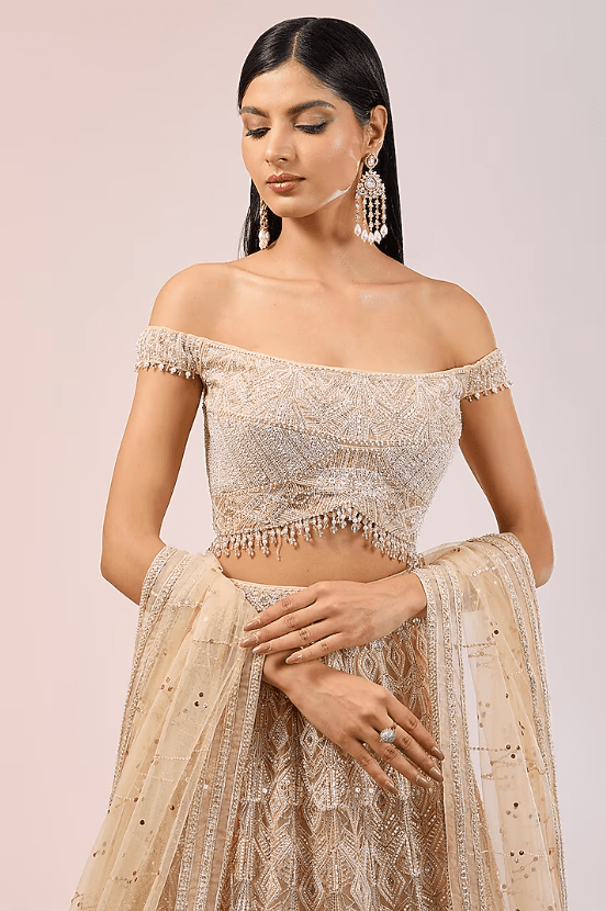 Old Rose Tulle Pearl & Sequins Embroidered Lehenga Set - Image 4