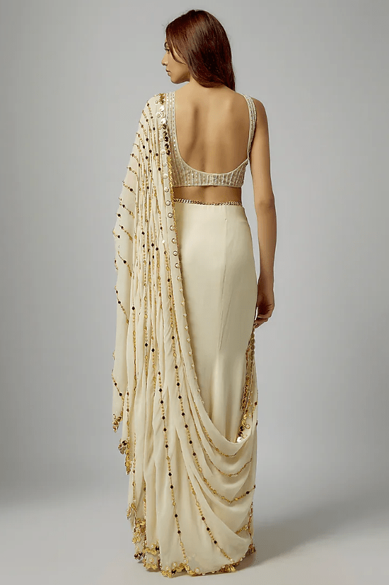 Ivory Tulle Asymmetric Pre-Draped Saree Set - Image 2