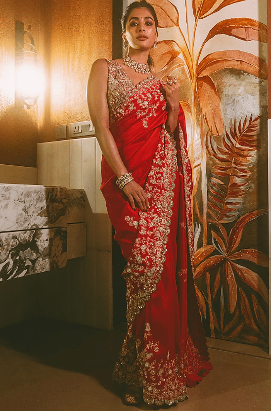 Red Pure Silk Badla & Zardosi Hand Embroidered Saree Set