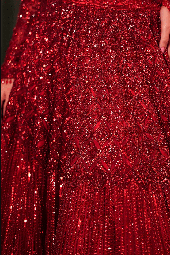 Deep Red Net Sequins & Crystal Embroidered Lehenga Set - Image 2