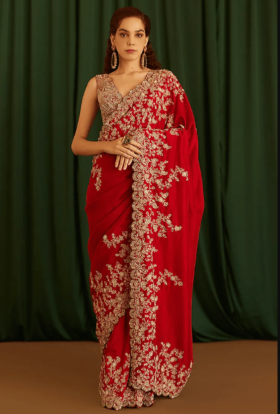 Red Pure Silk Badla & Zardosi Hand Embroidered Saree Set - Image 2