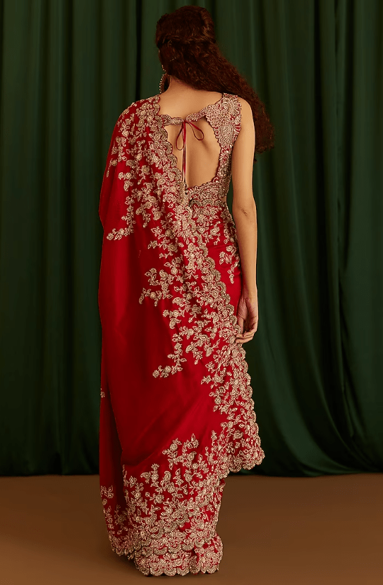 Red Pure Silk Badla & Zardosi Hand Embroidered Saree Set - Image 3