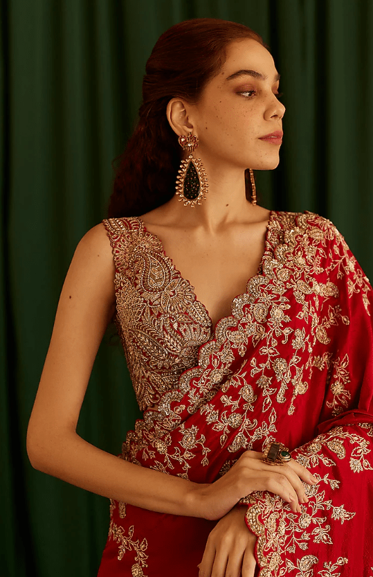 Red Pure Silk Badla & Zardosi Hand Embroidered Saree Set - Image 4