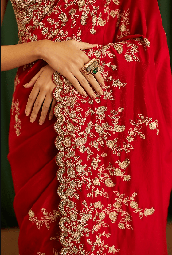 Red Pure Silk Badla & Zardosi Hand Embroidered Saree Set - Image 5