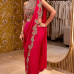 Fuchsia Pink Flat Chiffon Embellished Pre-Draped Saree Set