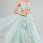 Blue Organza Hand Painted & Mirror Embroidered Lehenga Set