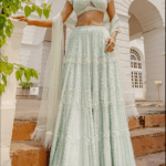 Aqua Mint Green Net & Crepe Pearl Embellished Lehenga Set