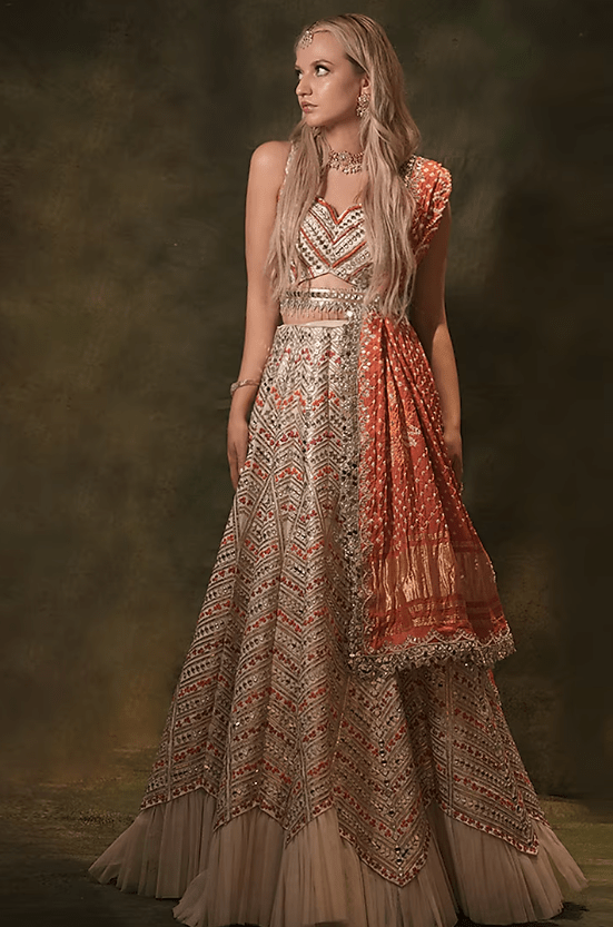 Ivory Raw Silk Bandhani Printed & Mirror Embroidered Lehenga Set