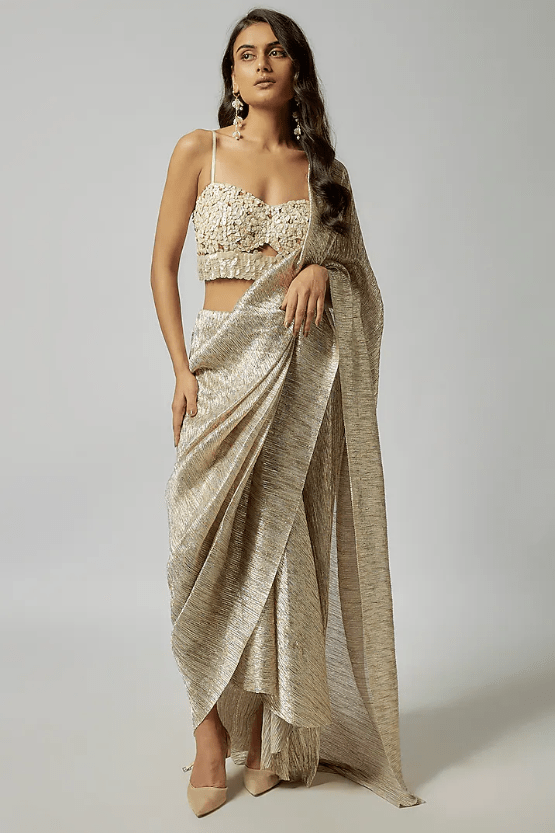 Champagne Pleated Metallic Pre-Draped Saree