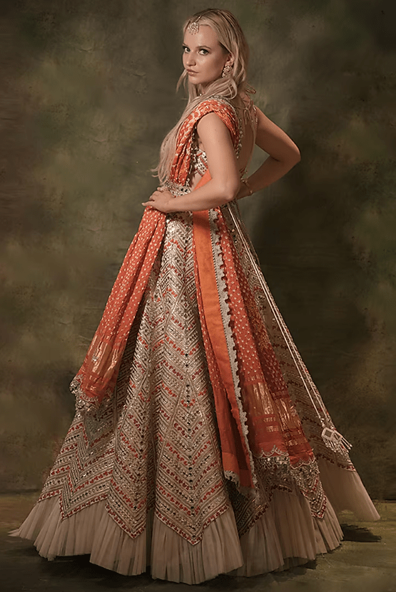 Ivory Raw Silk Bandhani Printed & Mirror Embroidered Lehenga Set - Image 2