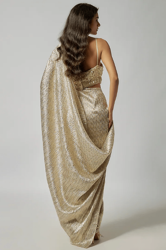 Champagne Pleated Metallic Pre-Draped Saree - Image 2