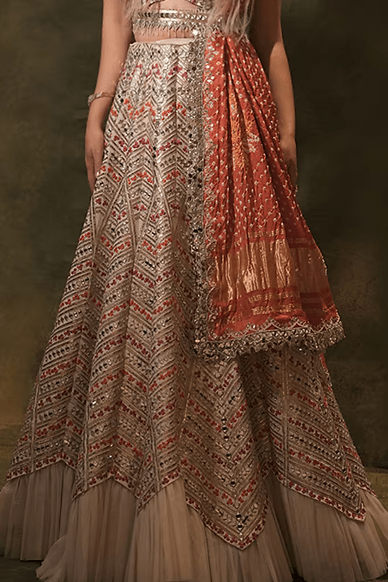 Ivory Raw Silk Bandhani Printed & Mirror Embroidered Lehenga Set - Image 3