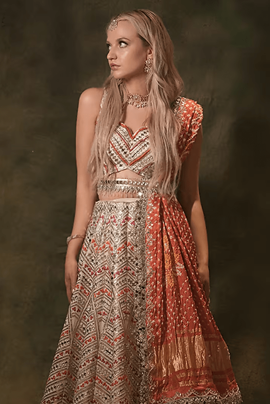 Ivory Raw Silk Bandhani Printed & Mirror Embroidered Lehenga Set - Image 4
