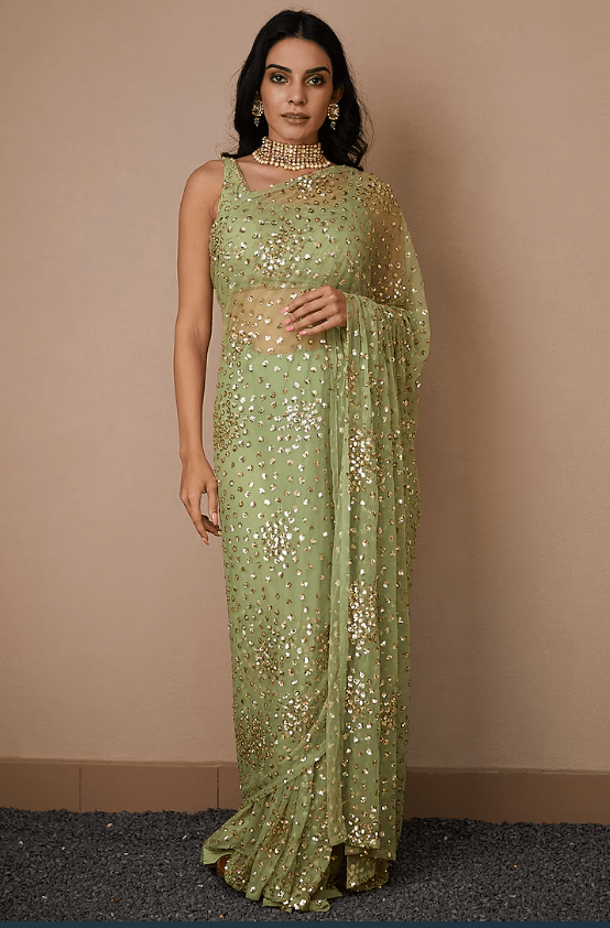 Mint Net & Crepe Embellished Saree Set