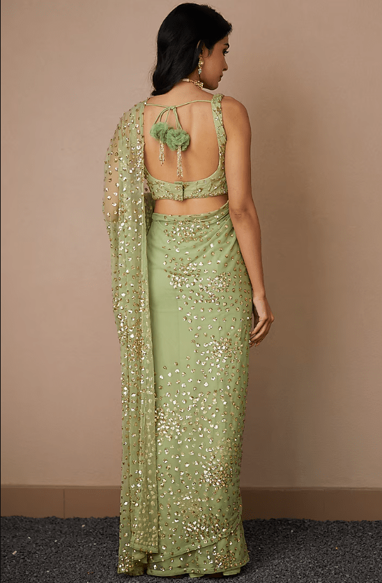 Mint Net & Crepe Embellished Saree Set - Image 2