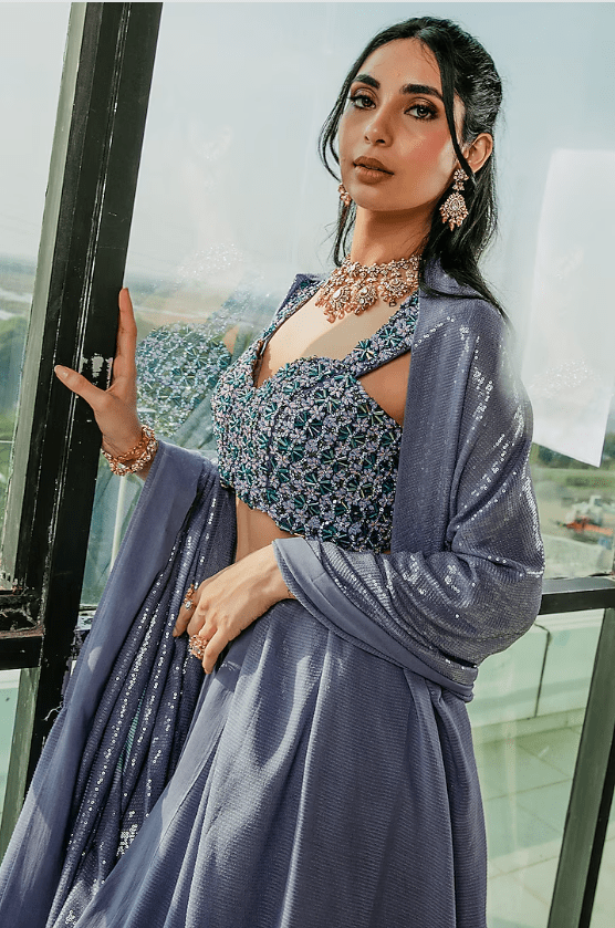 Blue Imported Satin Pearl Embroidered Lehenga Set - Image 2