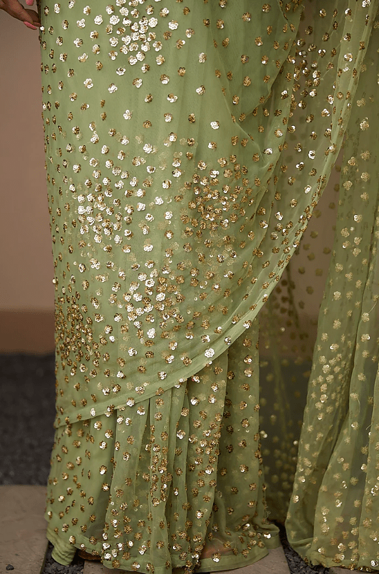 Mint Net & Crepe Embellished Saree Set - Image 3