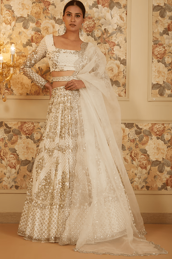 Off- White Organza Thread Embroidered Lehenga Set