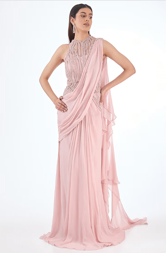 Sand Pink Georgette Pearl Embroidered Gown Saree