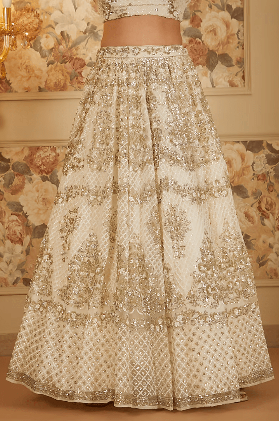 Off- White Organza Thread Embroidered Lehenga Set - Image 3