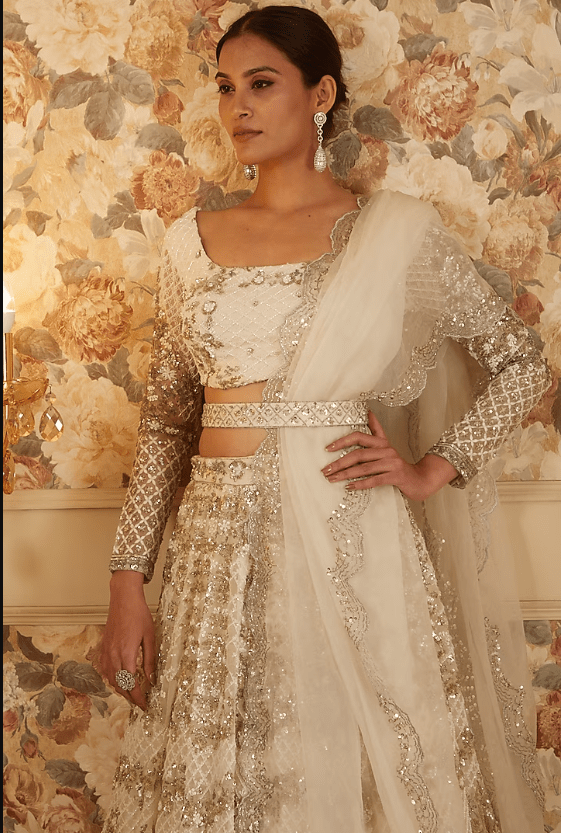 Off- White Organza Thread Embroidered Lehenga Set - Image 4