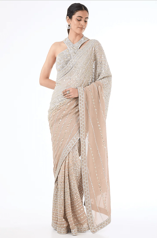 Grey & Gold Shaded Georgette Hand Embroidered Saree Set
