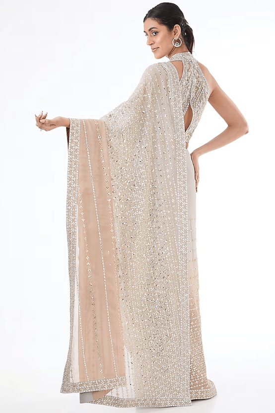 Grey & Gold Shaded Georgette Hand Embroidered Saree Set - Image 2