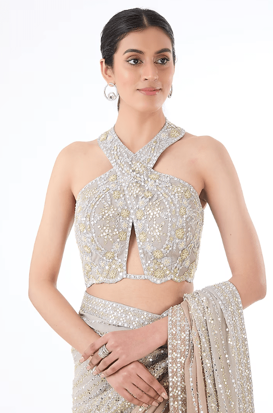 Grey & Gold Shaded Georgette Hand Embroidered Saree Set - Image 3