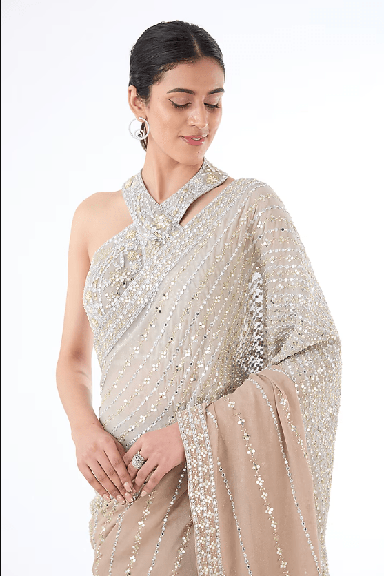 Grey & Gold Shaded Georgette Hand Embroidered Saree Set - Image 5