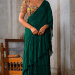 Emerald Green Chiffon Hand-Dyed Tiered Lehenga Saree Set