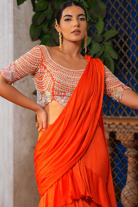 Orange Satin Chiffon Ruffled Pre-Draped Saree Set - Image 3
