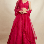 Caramine Pink Organza Silk Thread Embroidered Lehenga Set