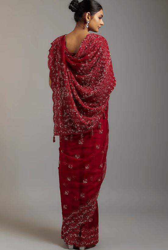 Maroon Tissue Organza Sequins Embellished Saree Set - Image 2