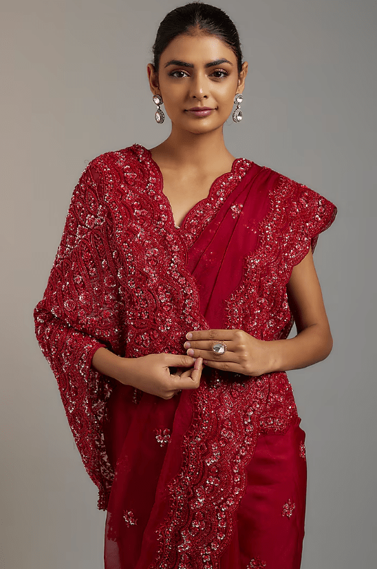 Maroon Tissue Organza Sequins Embellished Saree Set - Image 3