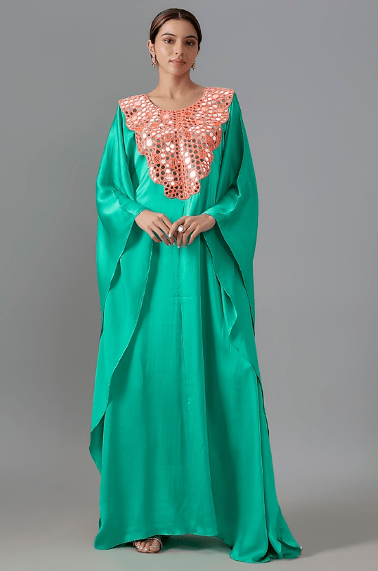 Turquoise Pure Satin Silk Mirror Embroidered Kurta