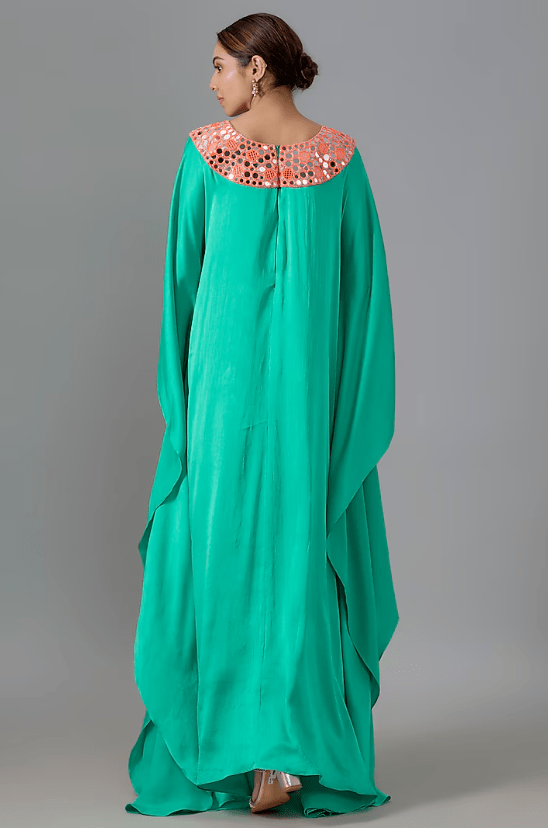 Turquoise Pure Satin Silk Mirror Embroidered Kurta - Image 2