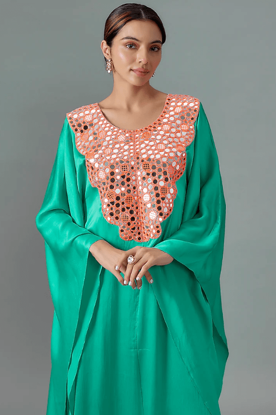 Turquoise Pure Satin Silk Mirror Embroidered Kurta - Image 3