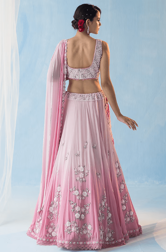 Pink Georgette Cutdana Embroidered Ombre Lehenga Set - Image 2