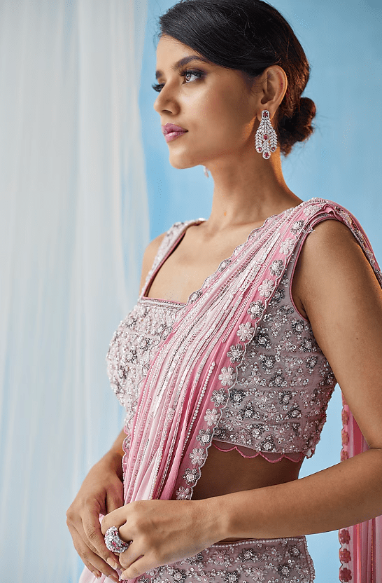 Pink Georgette Cutdana Embroidered Ombre Lehenga Set - Image 3