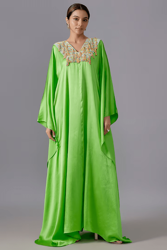 Lime Green Pure Satin Silk Bead Embroidered Kaftan