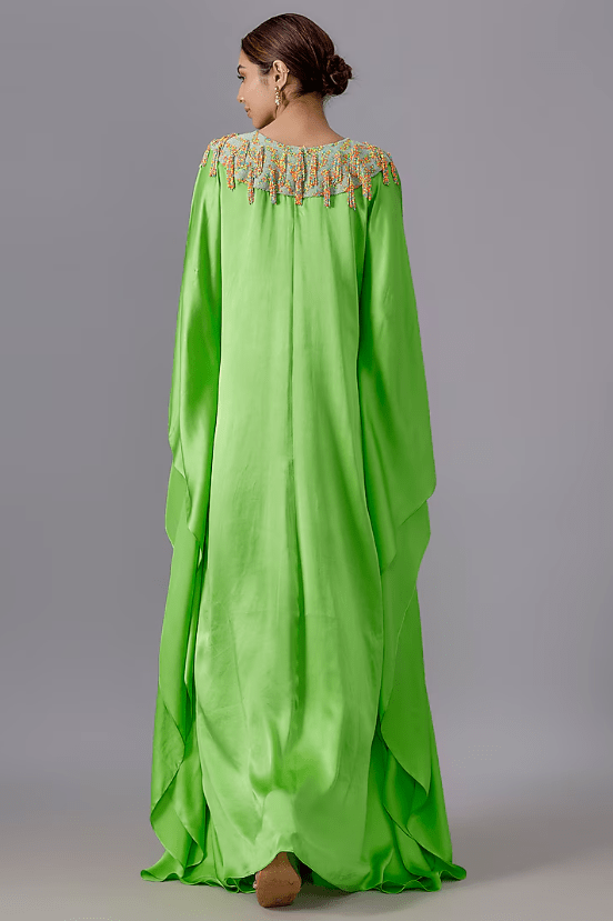Lime Green Pure Satin Silk Bead Embroidered Kaftan - Image 2