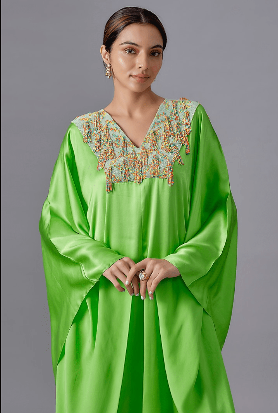 Lime Green Pure Satin Silk Bead Embroidered Kaftan - Image 3