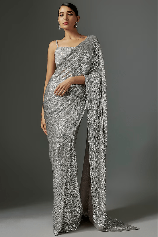 Silver Georgette Sheeted Sequins Embroidered Saree Set