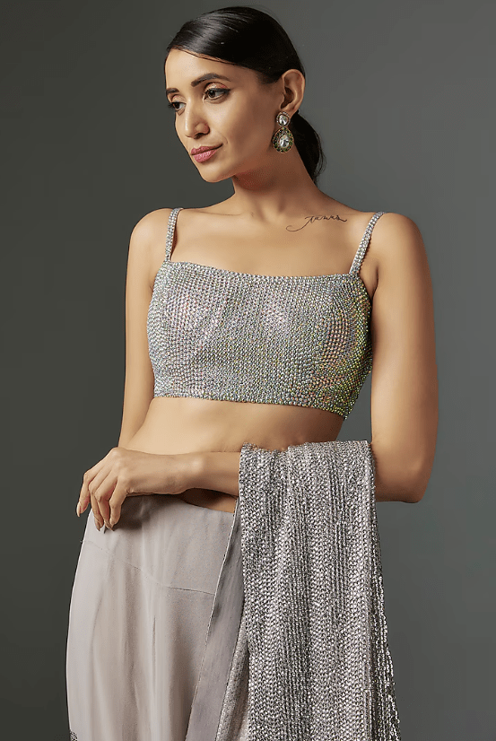 Silver Georgette Sheeted Sequins Embroidered Saree Set - Image 3